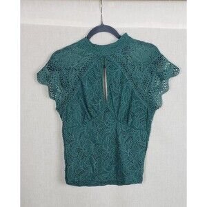 Daytrip Blouse M Teal Green Smocked Lace Mock Neck Keyhole‎ Dainty Feminine Fall
